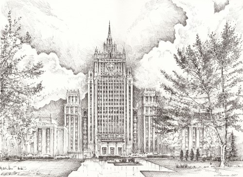 карандашная отрисовка московских зданий